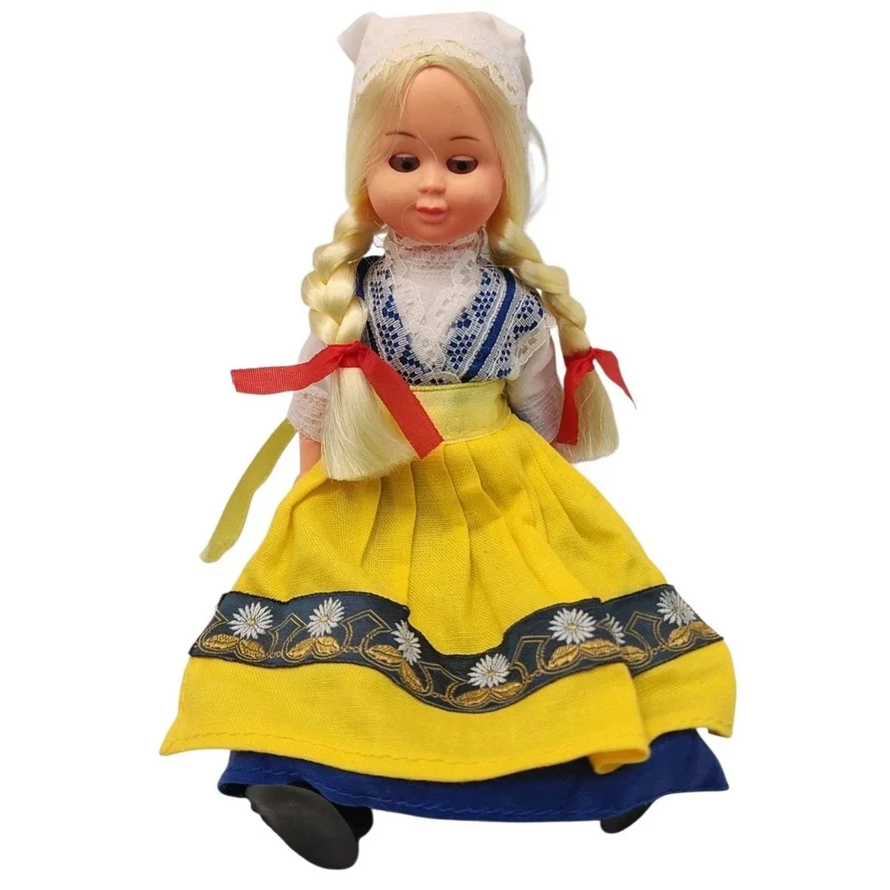 Vintage Girl Doll Braided Blonde Hair Folk Dress 7in Plastic Collectible